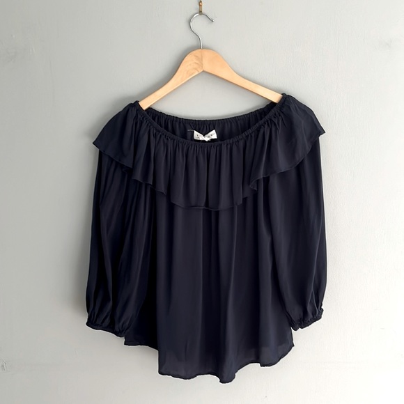 Velvet by Graham & Spencer Navy Blue Off-Shoulder Ruffle Peasant Top - Picture 1 of 5